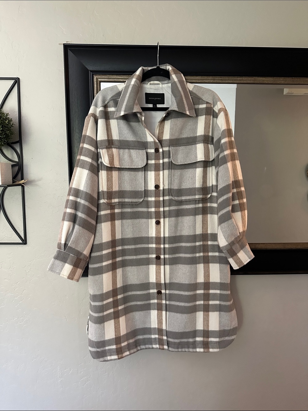 Banana Republic Factory Oversized Plaid Shacket in Gray, Cream & Taupe